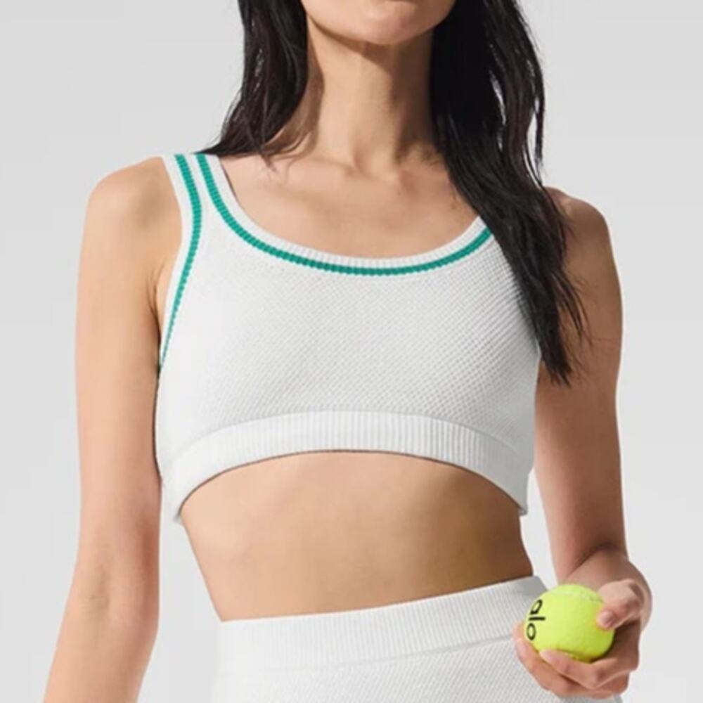 Alo Yoga Tennis Club Sweater Knit Sports Bra White Green Women's Lg